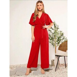 mid sleeve v neck jumpsuit red